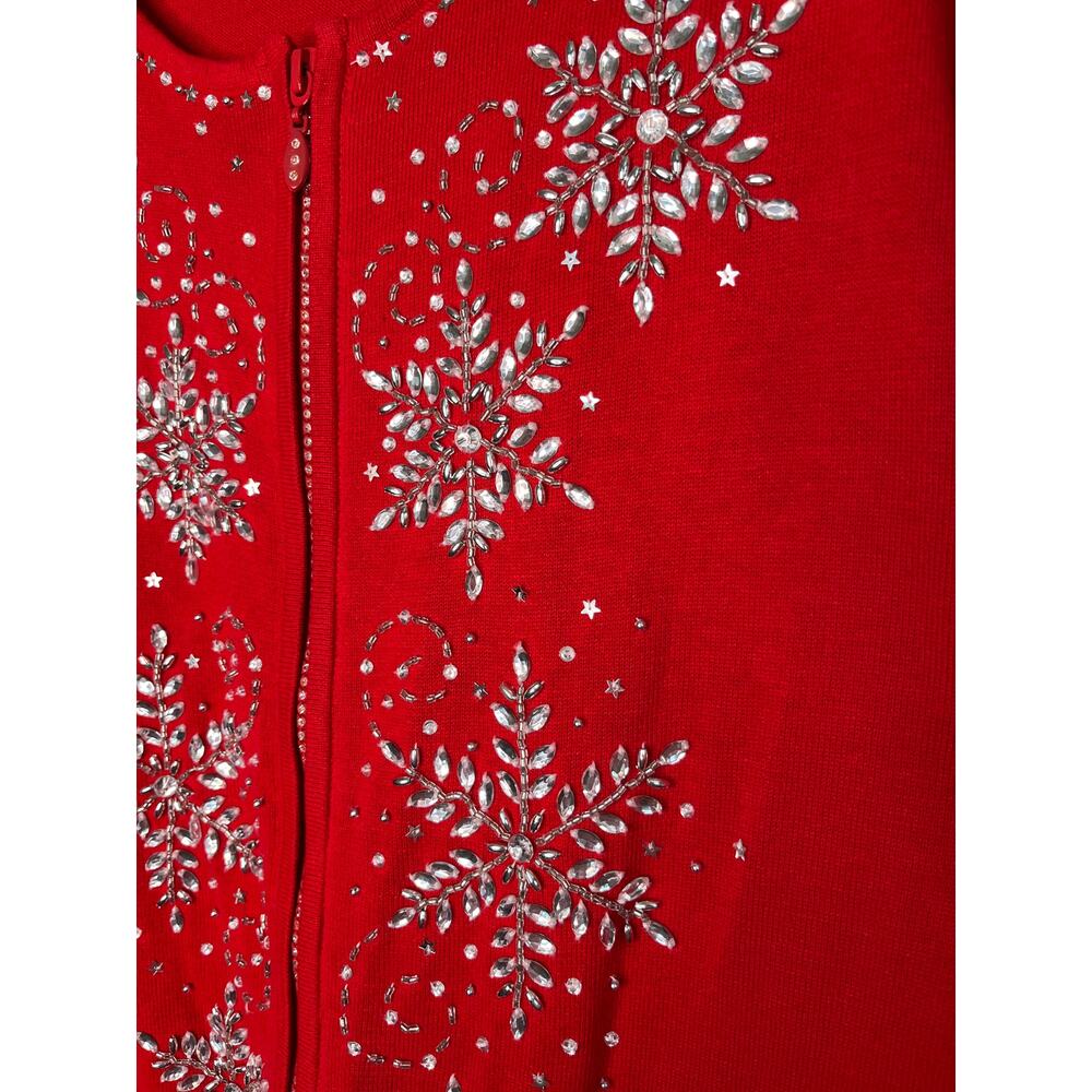 2000s Berek Red Silver Sparkle Snowflakes Glam Christmas Full Zip Cardigan 3XL - Picture 4 of 5